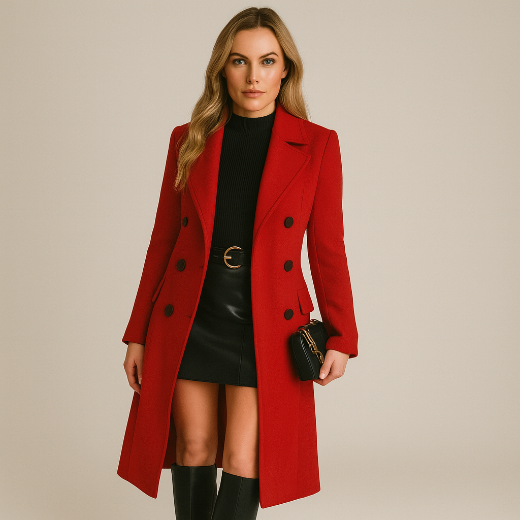 Double Button Wool Blend Coat - Notched Collar