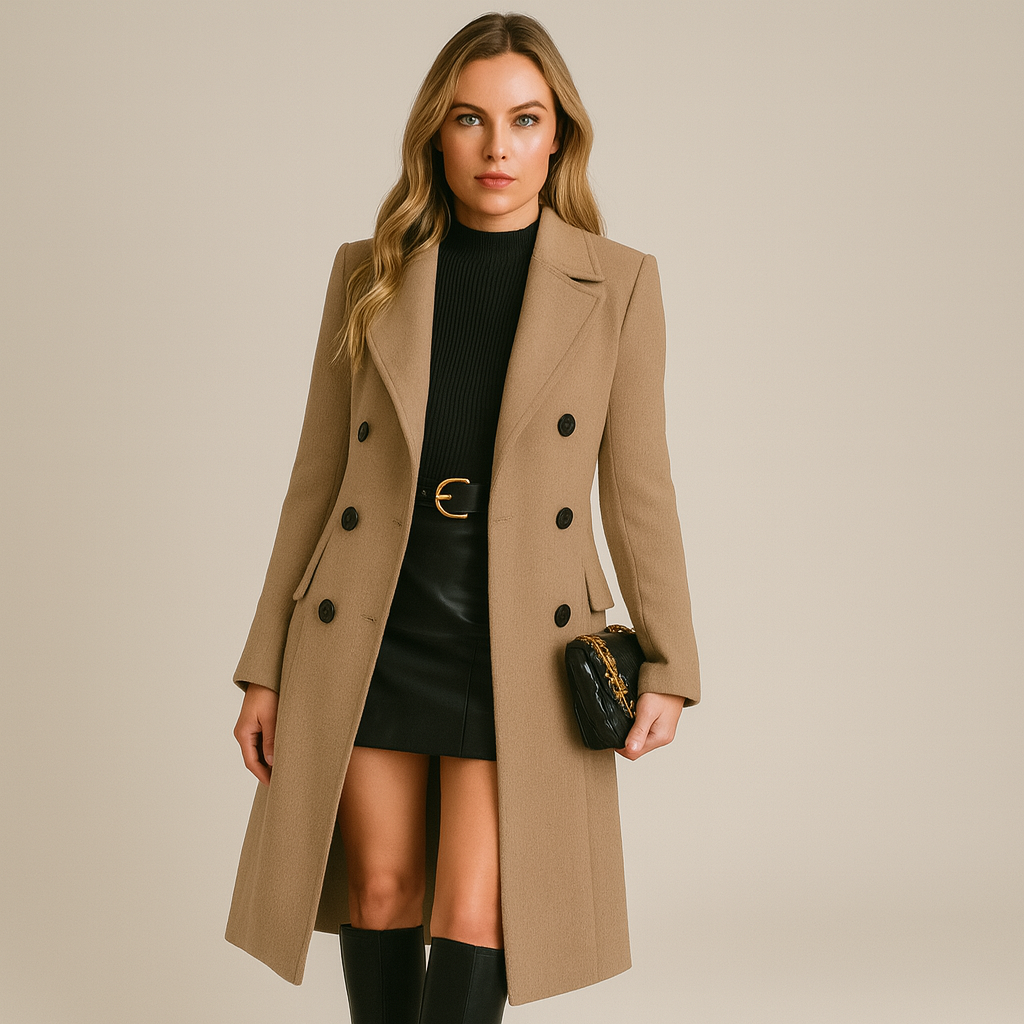 Double Button Wool Blend Coat - Notched Collar